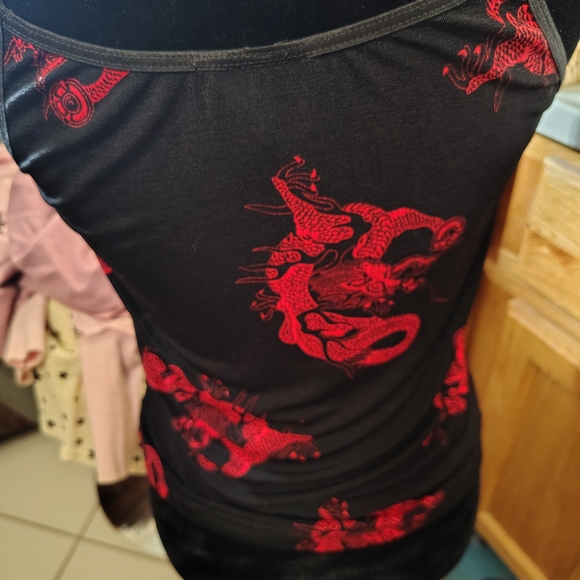 Vintage Y2K Black and Red Dragon Print Top/ Chinese Knot/ SZ L/ See Info - Picture 3 of 14